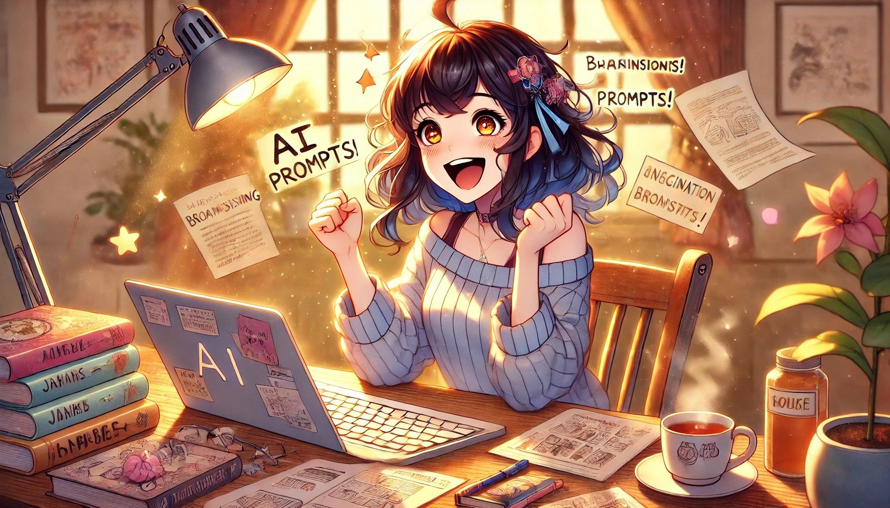 楽しくプロンプト作成を行っている女性の画像