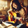 ギターを楽しく引いている女性の画像