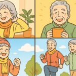 身体を動かして芯から温まる人々、笑顔があふれ健康になるという事をアピールする画像