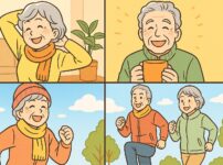 身体を動かして芯から温まる人々、笑顔があふれ健康になるという事をアピールする画像
