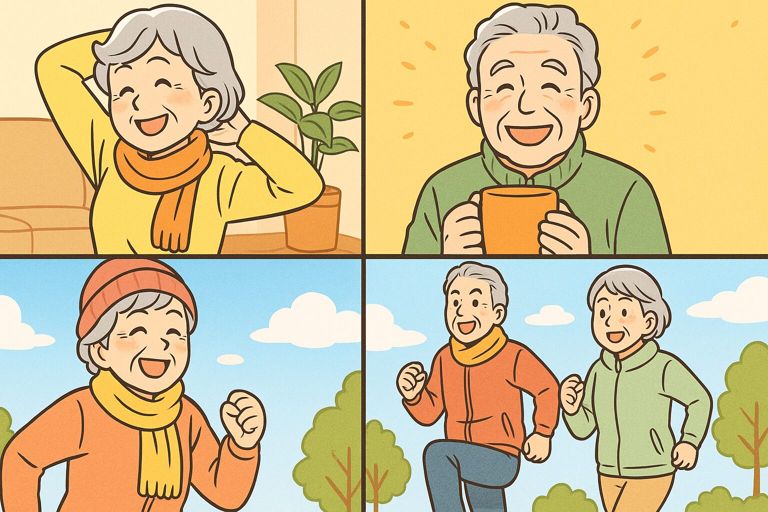 身体を動かして芯から温まる人々、笑顔があふれ健康になるという事をアピールする画像