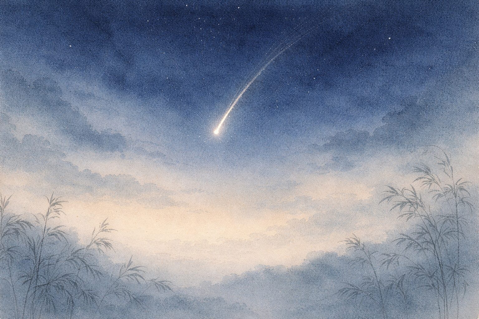 夜空を静かに横切る流れ星と竹林のシルエット。天体現象が伝説を生んだ可能性を想起させるイラスト。