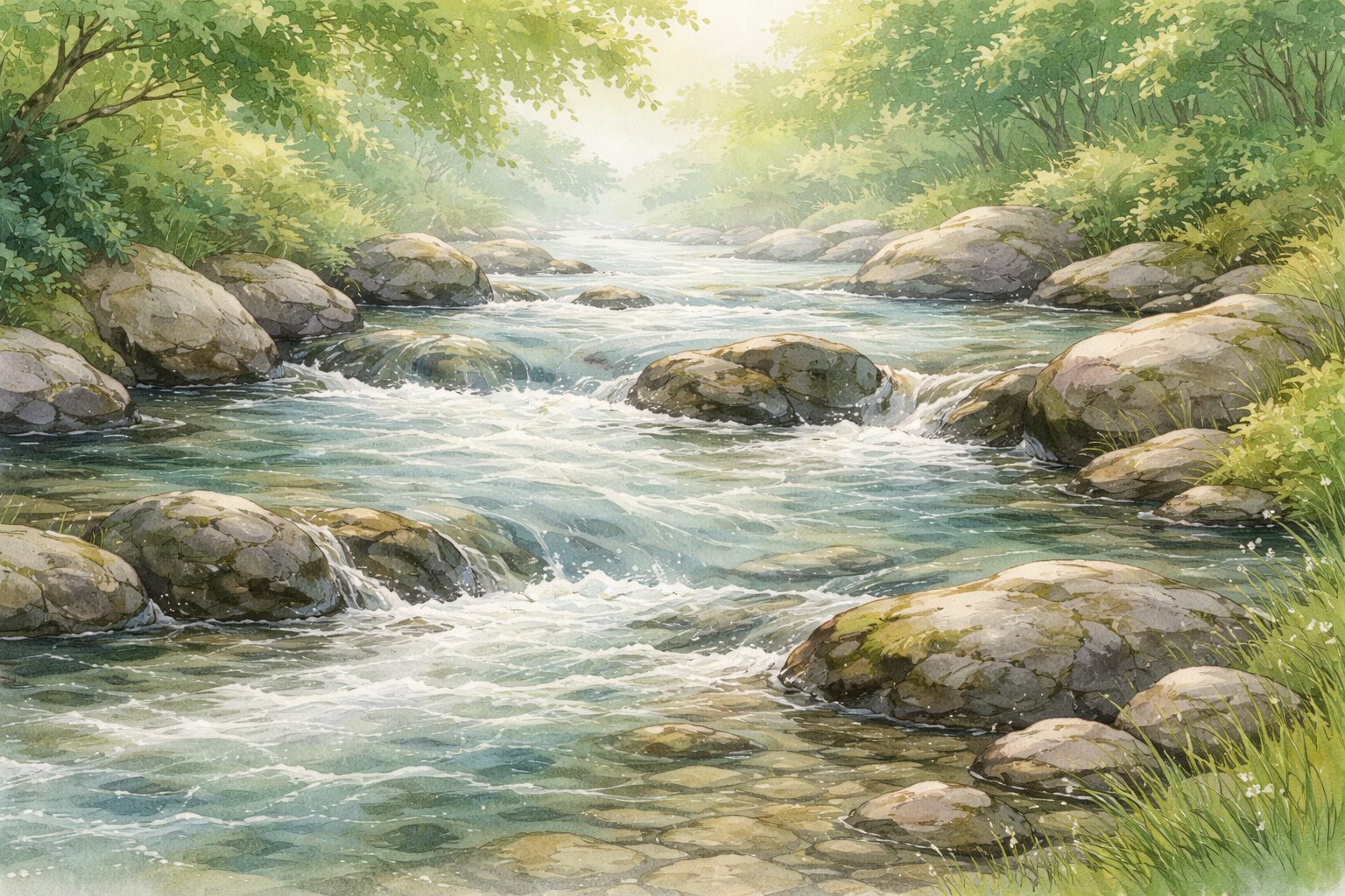 流れ続けながらも形を保つ川に、生命の秩序を重ねたイラスト