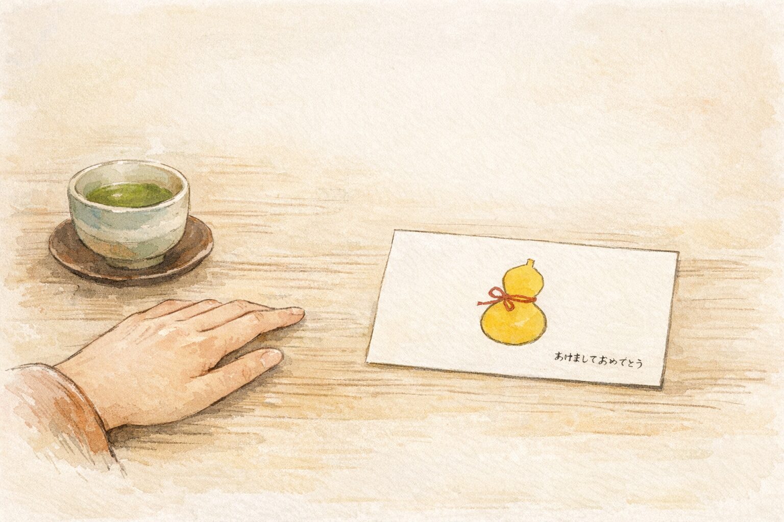 瓢箪のイラストが描かれた年賀状が、余白の多いデザインのまま机の上に置かれ、それを人の手が静かに眺めている様子を描いた手書き風イラスト。大きな言葉よりも、色合いや余白がゆっくりと気持ちを伝えてくる雰囲気になっている。