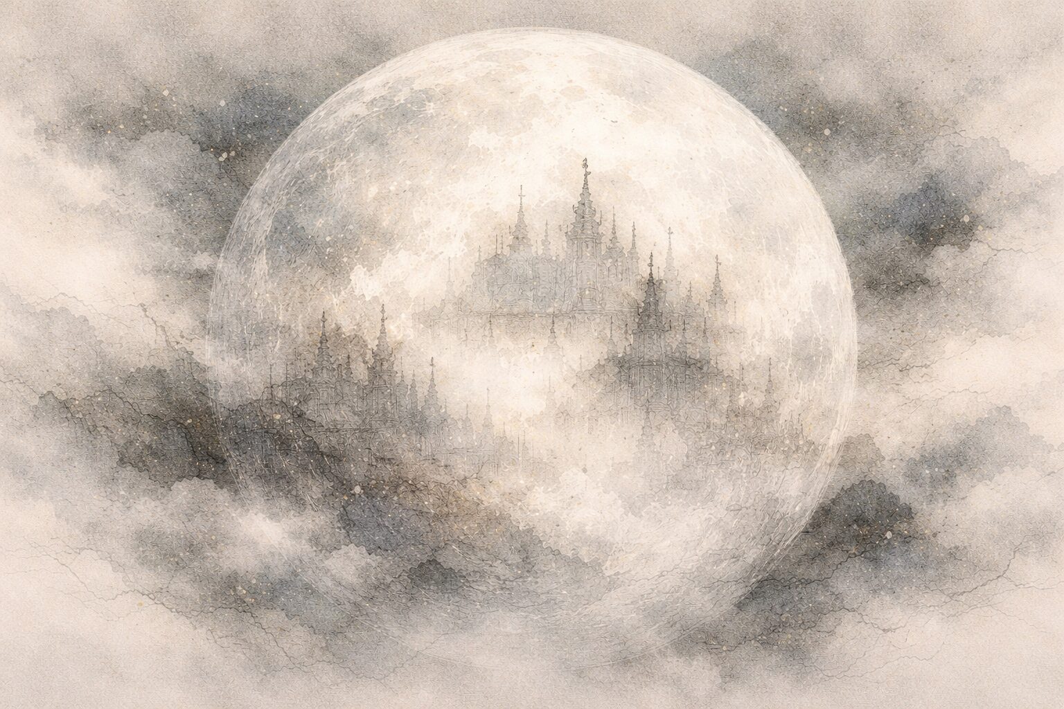 霧に包まれた月の表面に浮かぶ抽象的な構造物。月の都や月からの訪問者説を連想させる幻想的なイラスト。