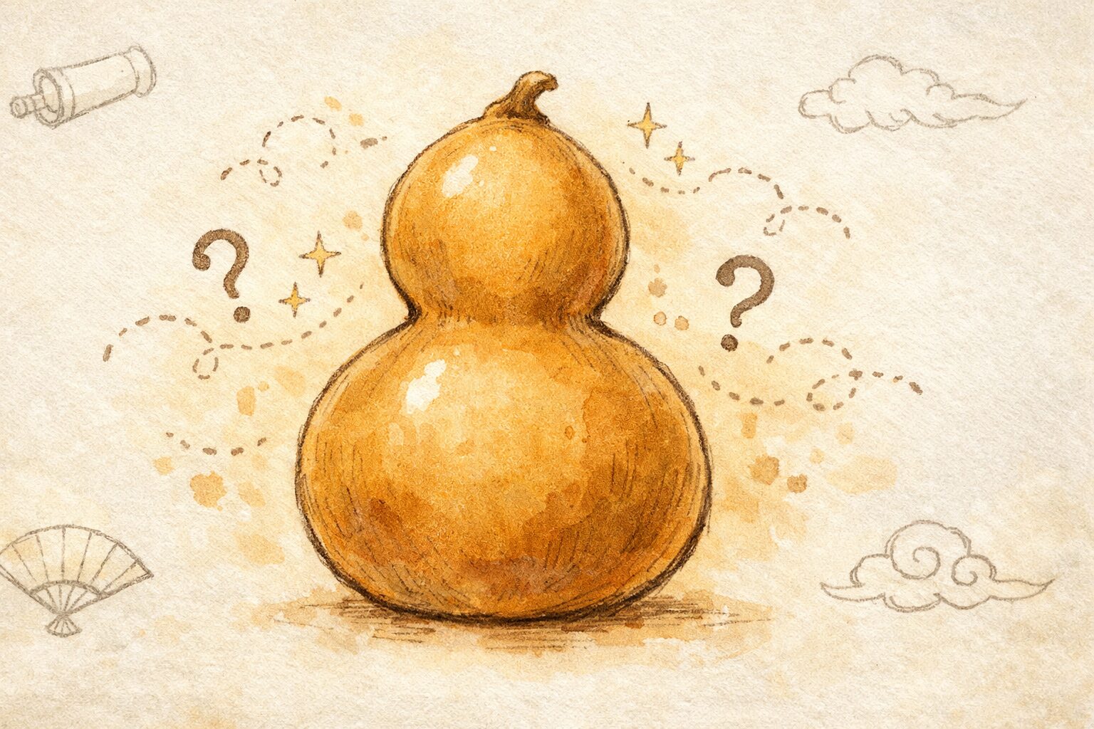 丸みとくびれのある不思議な形の瓢箪が、和紙のような背景の中央に大きく描かれた手書き風イラスト。中身は見えないが、瓢箪の周りには小さな点線や記号がふわりと浮かび、何が入っているのかを想像させる雰囲気になっている。
