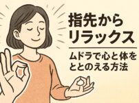 ムドラの練習風景、親指と人差し指をくっつけて心を落ち着かせます。
