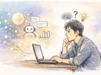 AIと会話する男性の少し考え込む画像