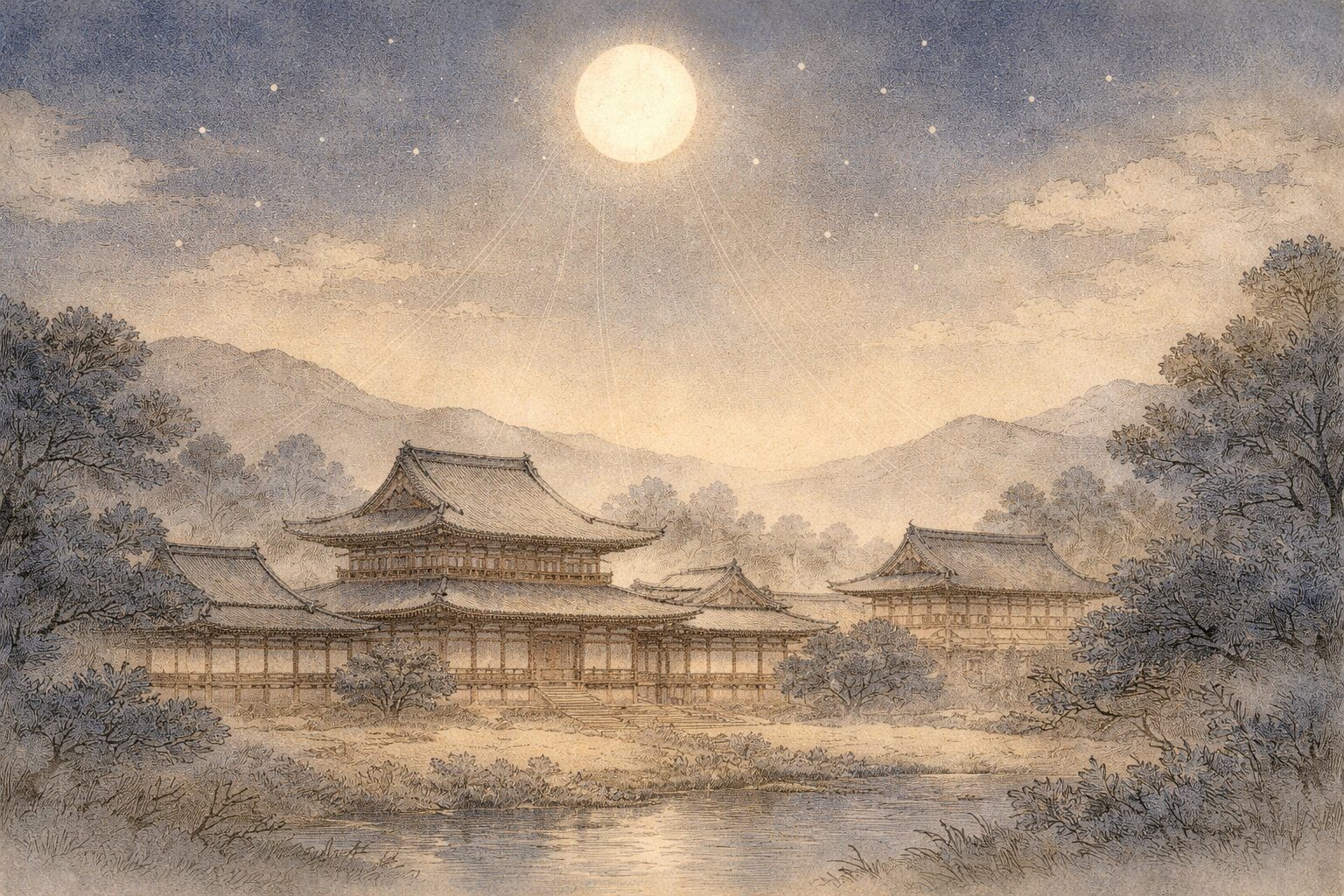 平安時代の夜空に浮かぶ月と貴族の住まいを象徴的に描いたイラスト。かぐや姫が生まれた時代背景を表現。