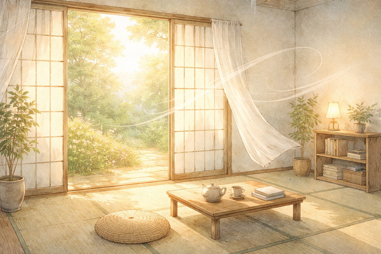 静かな光と空気の流れで、心身が整う余韻を表現した手書き風イラスト