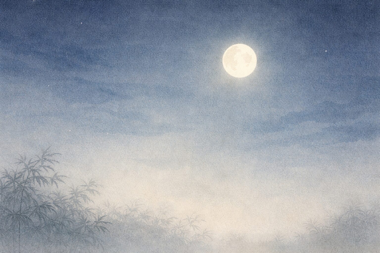 深い夜空に静かに浮かぶ月。かぐや姫の真実と新たな疑問を読者に問いかける余韻のあるイラスト。