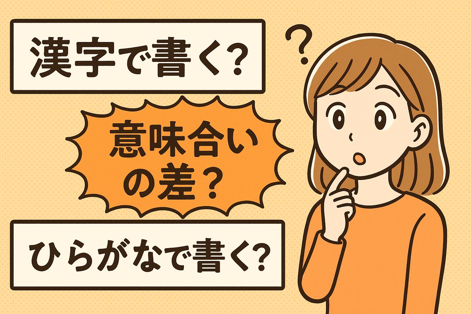 漢字とひらがなの使い分けに悩む女性のイラスト。日本語表現の違いをテーマにした漫画風デザイン画像。