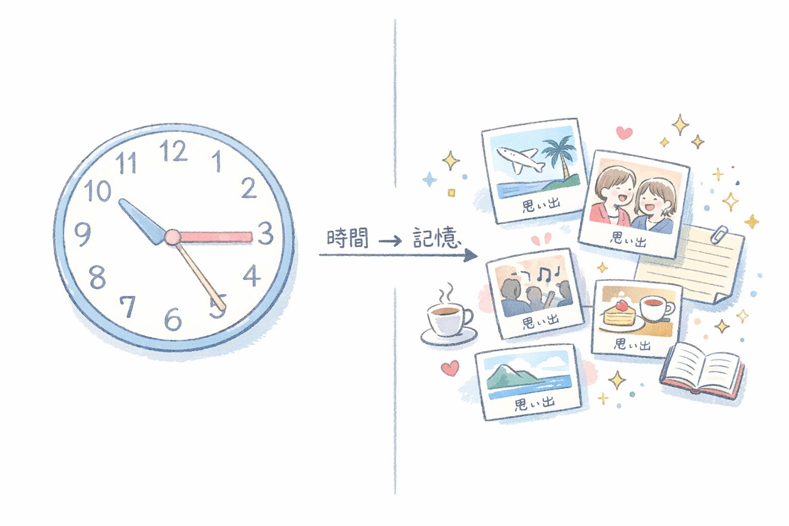 時間は時計が決めるのではなく、思い出という記憶が決めるかもしれないという画像