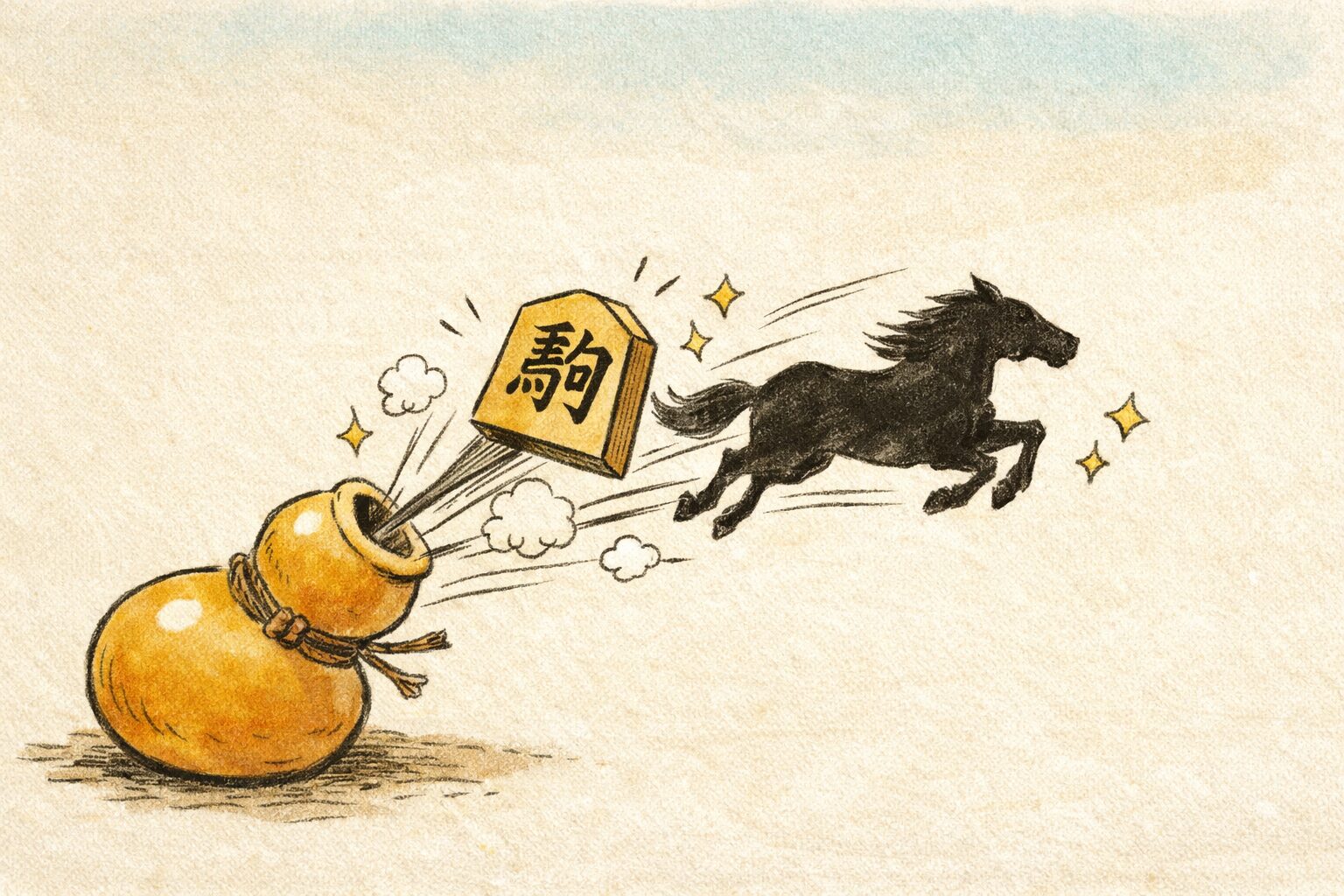 机の上に置かれた瓢箪の口から、将棋の駒や馬のシルエットがひょいっと飛び出している様子を描いた手書き風イラスト。「瓢箪から駒」ということわざの、ありえないことが突然起こるイメージを柔らかく表現している。