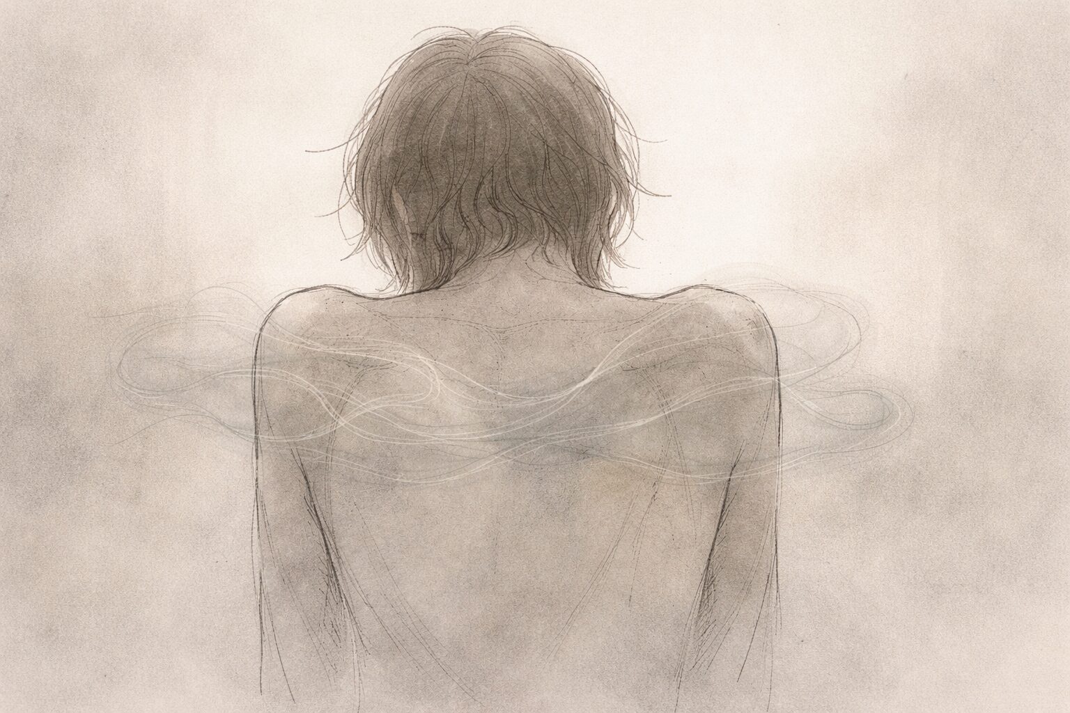 ストレスによって呼吸や体の巡りが滞っている様子を表現した手書き風イラスト