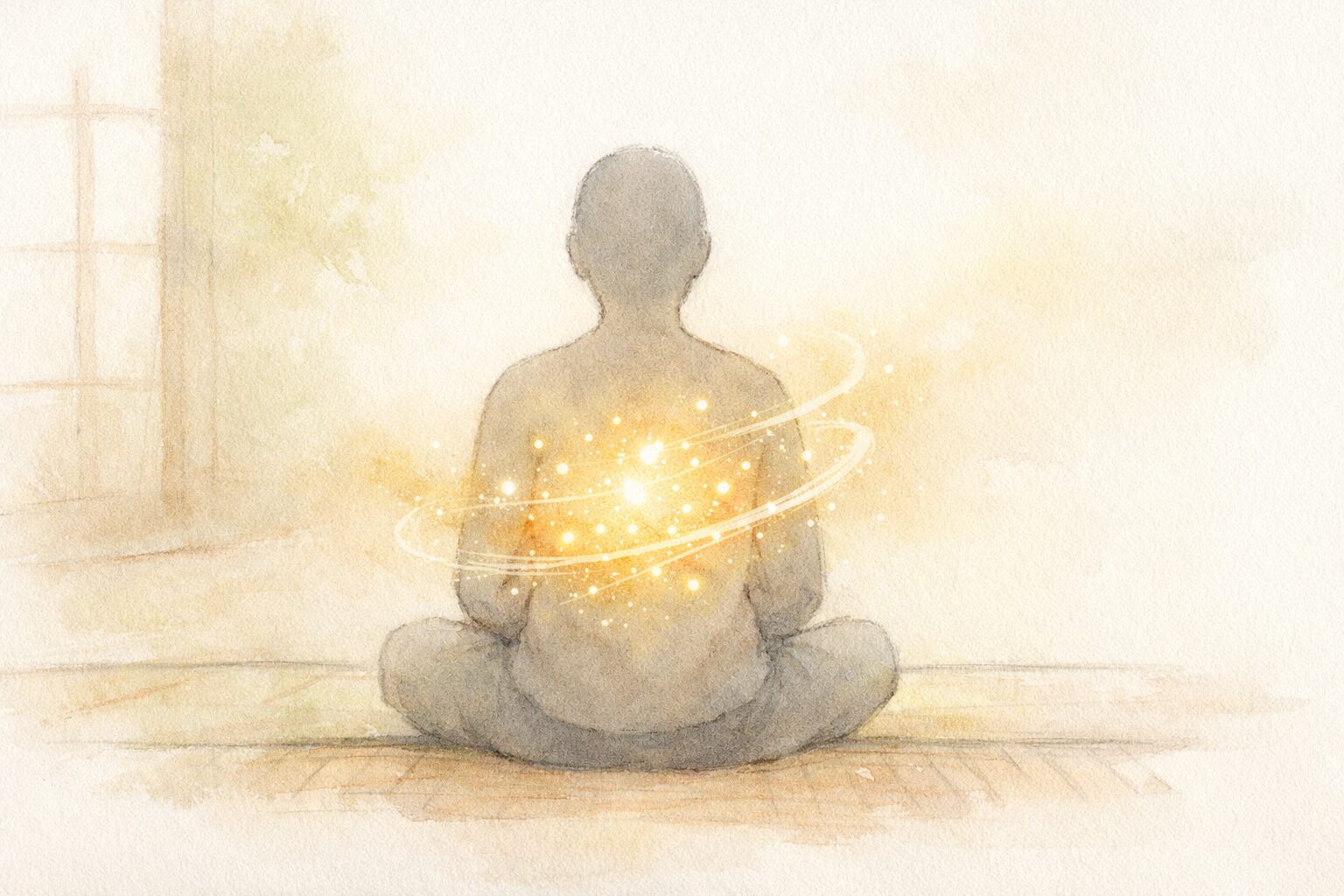静かに座って呼吸する人物と、体の内側からやさしく巡る「気」を描いた手書き風イラスト