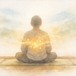静かに座って呼吸する人物の後ろ姿と、体の内側からやさしく巡る光で「気」と自然治癒力を表現した手書き風イラスト