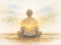 静かに座って呼吸する人物の後ろ姿と、体の内側からやさしく巡る光で「気」と自然治癒力を表現した手書き風イラスト