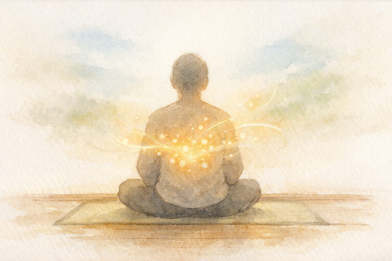 静かに座って呼吸する人物の後ろ姿と、体の内側からやさしく巡る光で「気」と自然治癒力を表現した手書き風イラスト