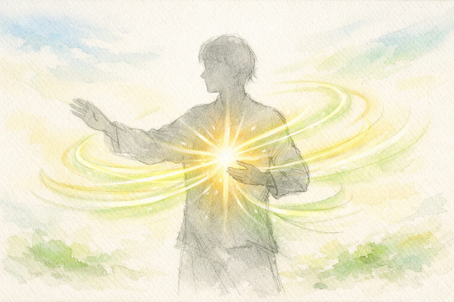 呼吸とともに「気」が整い、体が回復していく様子を描いた手書き風イラスト