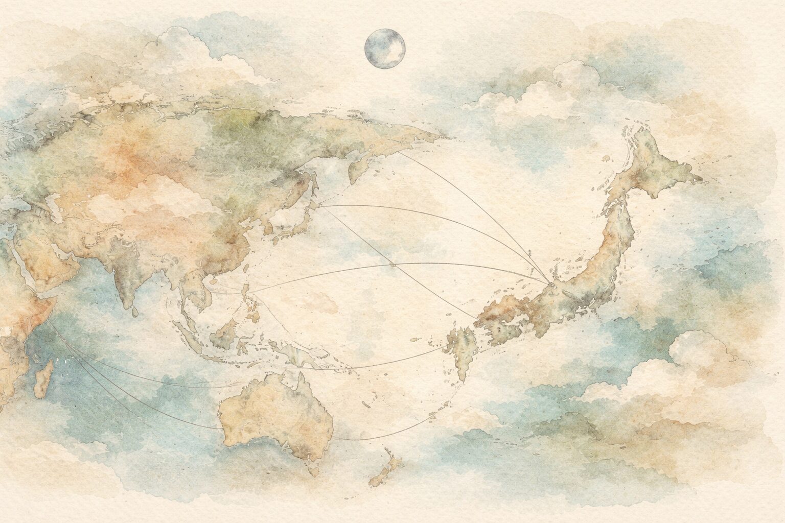 日本と世界を結ぶように描かれた抽象的な地図と月。各地に残るかぐや姫に似た伝説を象徴したイラスト。