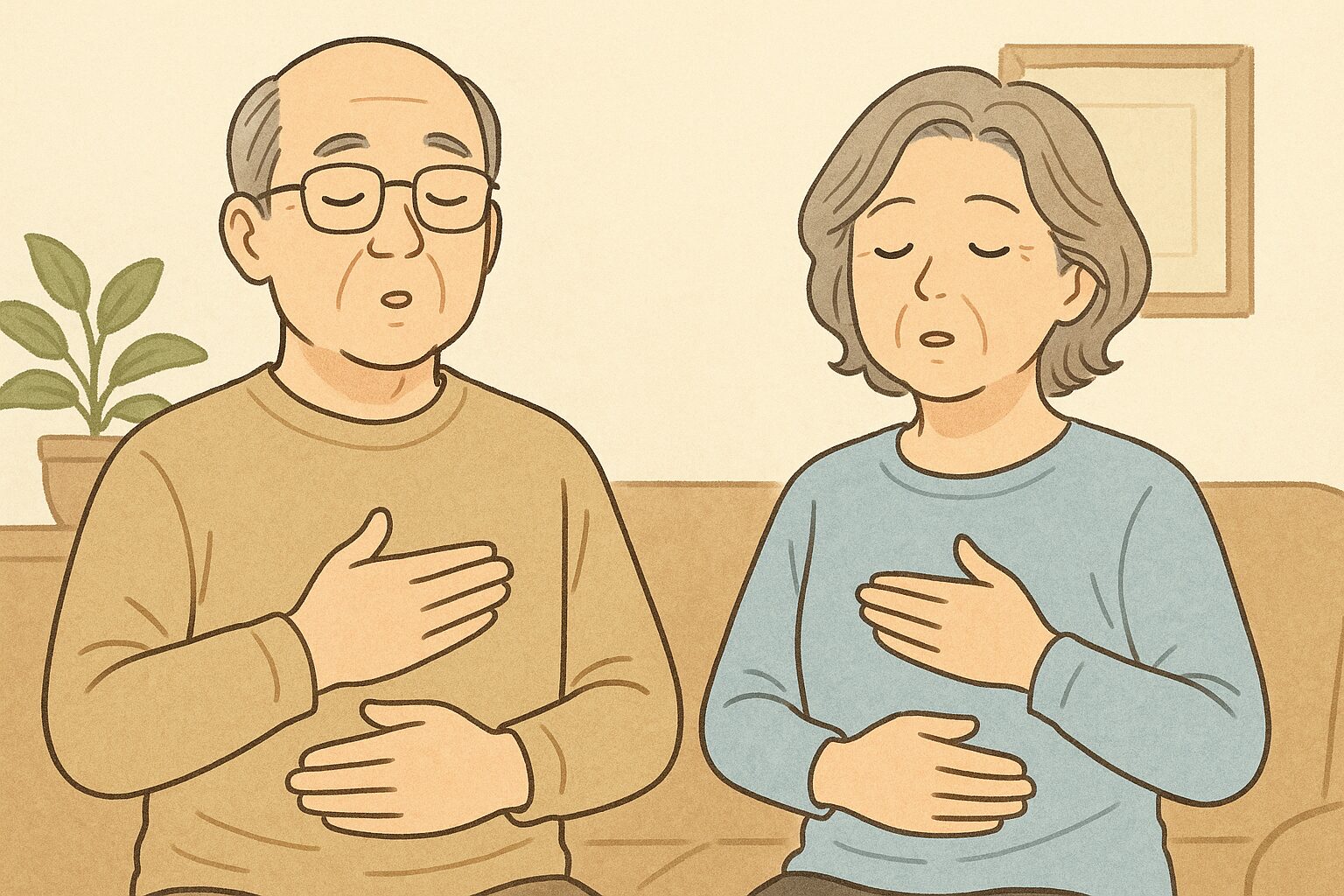 数息観で息を数えて集中力を高めた夫婦の画像。