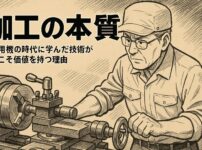 旋盤作業の技能を磨く男性、何が一番重要な要素かを見極める事が大切。