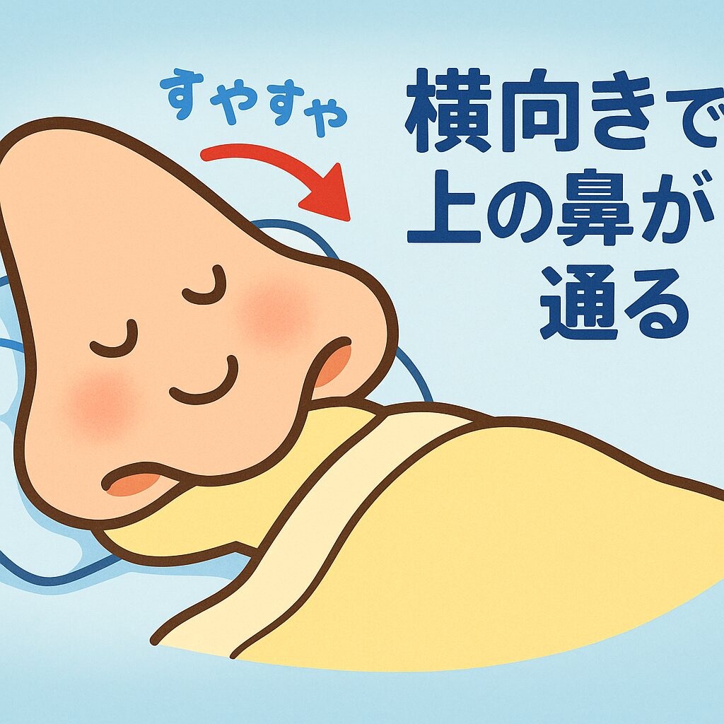 横向きで上の鼻が通りやすくなる 横向きで上の鼻が通る:横向きに寝ると上側の鼻が通りやすい