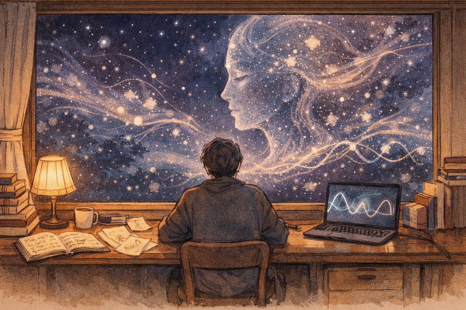 机に向かって夜空を見つめる人物と、窓の外に広がる宇宙の中で量子の波と人の意識が重なり合う様子を描いた、量子力学と唯識論のつながりを表現した手書き風イラストのアイキャッチ画像
