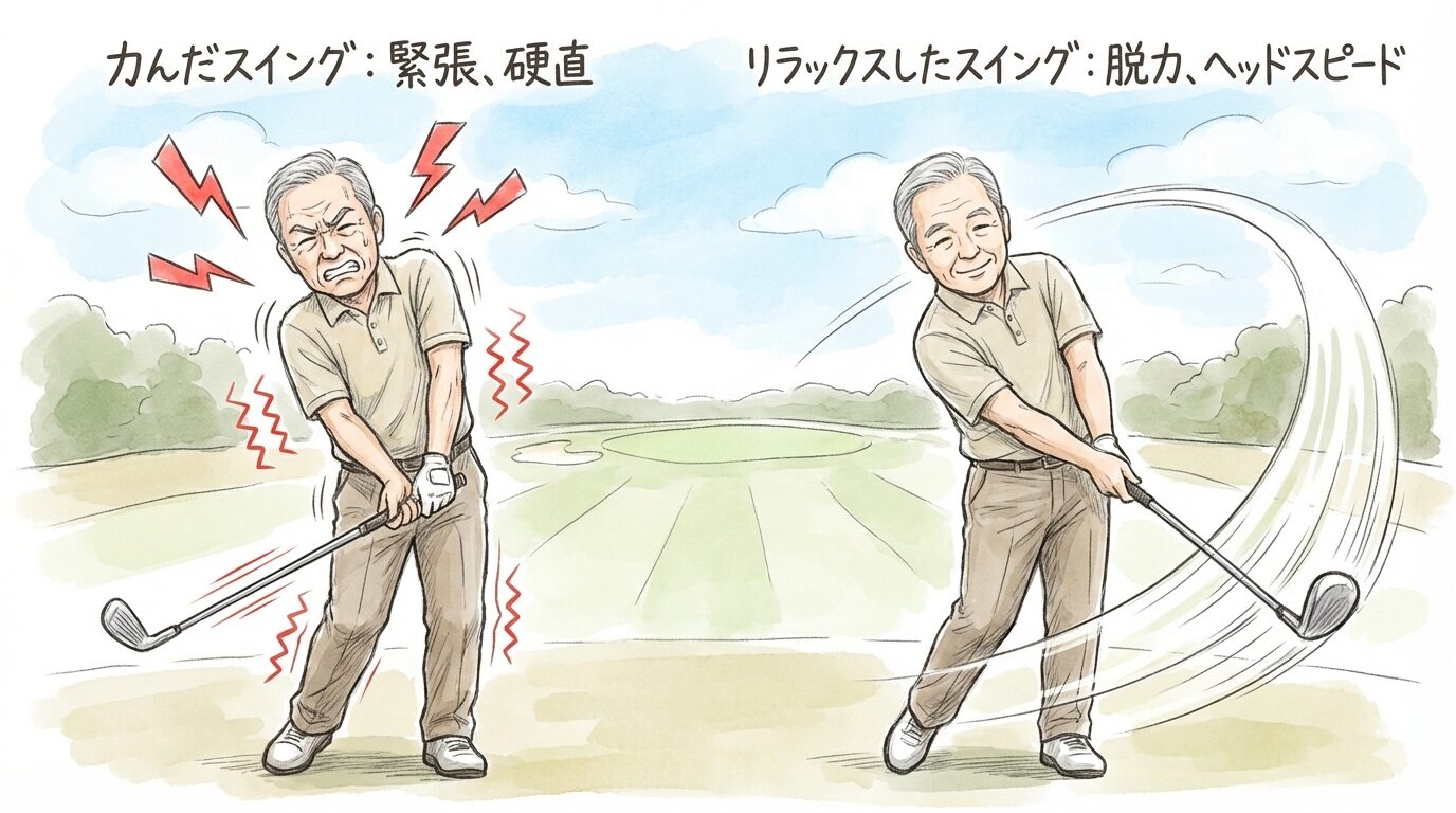 力んだスイングと力みのないスイングを左右で比較した、シニアゴルファーの手書き風イラスト