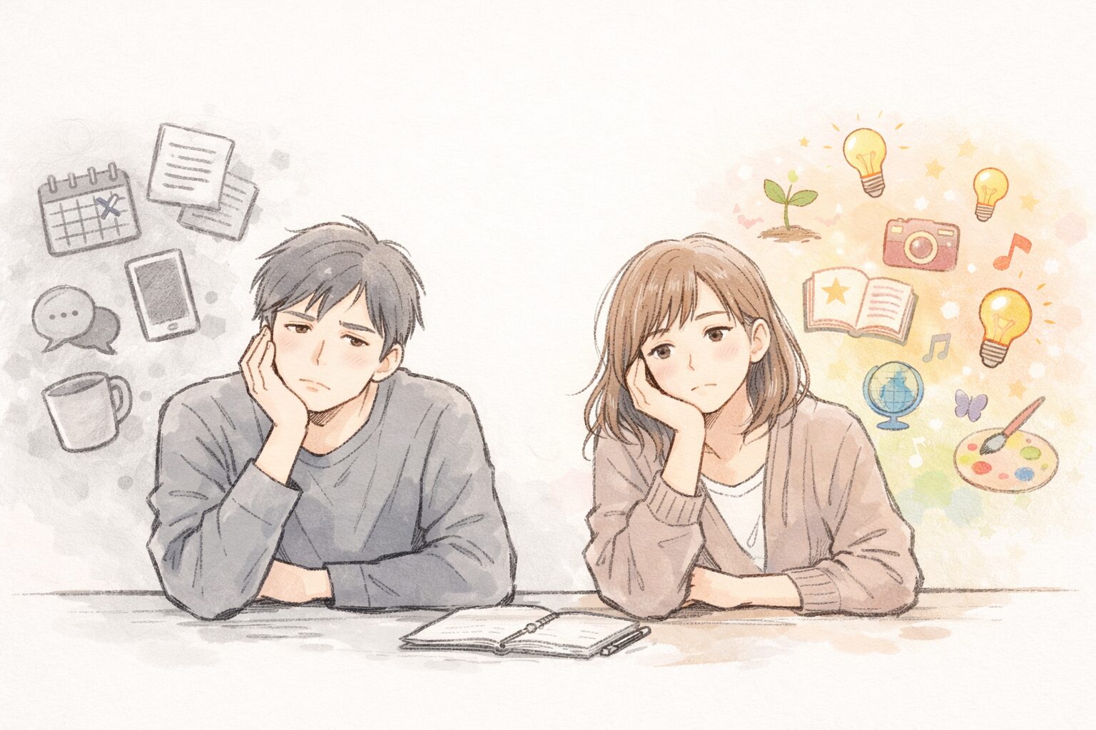 興味がわかないと感じている大人の男女が机に向かって座り、片側にくすんだ日常のアイコン、もう片側に小さな電球や興味のタネが浮かび始めている様子を描いた、希望の兆しが見える手書き風イラストの挿絵。
