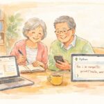 シニア世代がPythonとNotion、ChatGPTなどの生成AIを活用して学び直しをしている様子を表現した、16:9比率の手書き風アイキャッチイラスト