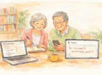 シニア世代がPythonとNotion、ChatGPTなどの生成AIを活用して学び直しをしている様子を表現した、16:9比率の手書き風アイキャッチイラスト