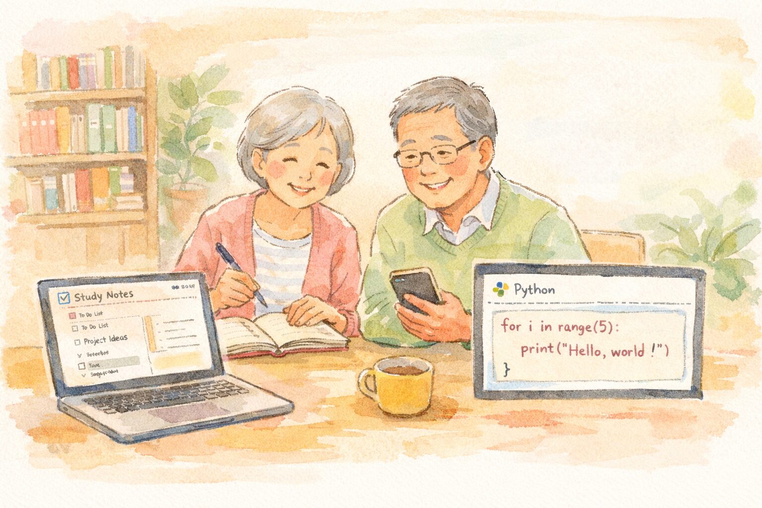 シニア世代がPythonとNotion、ChatGPTなどの生成AIを活用して学び直しをしている様子を表現した、16:9比率の手書き風アイキャッチイラスト