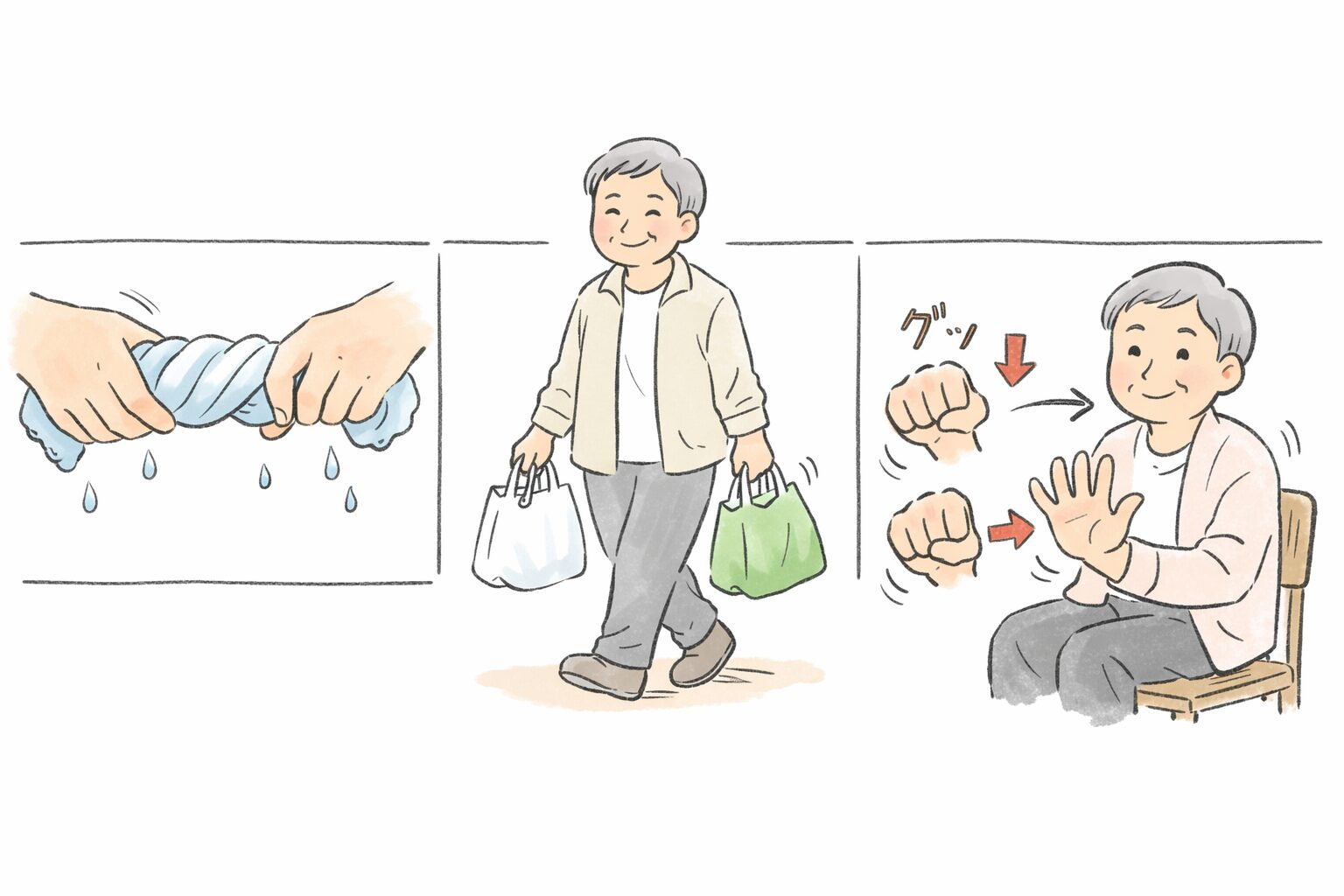 タオル絞り、両手で買い物袋を持つ姿、椅子に座ってグー・パー運動をする手元の3場面を並べた、日常でできる握力ケアを紹介する手書き風イラスト