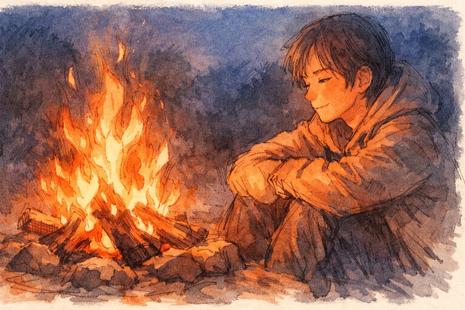 焚火の炎を静かに見つめてリラックスしている人を、柔らかなゆらぎと光で表現した手書き風イラスト。