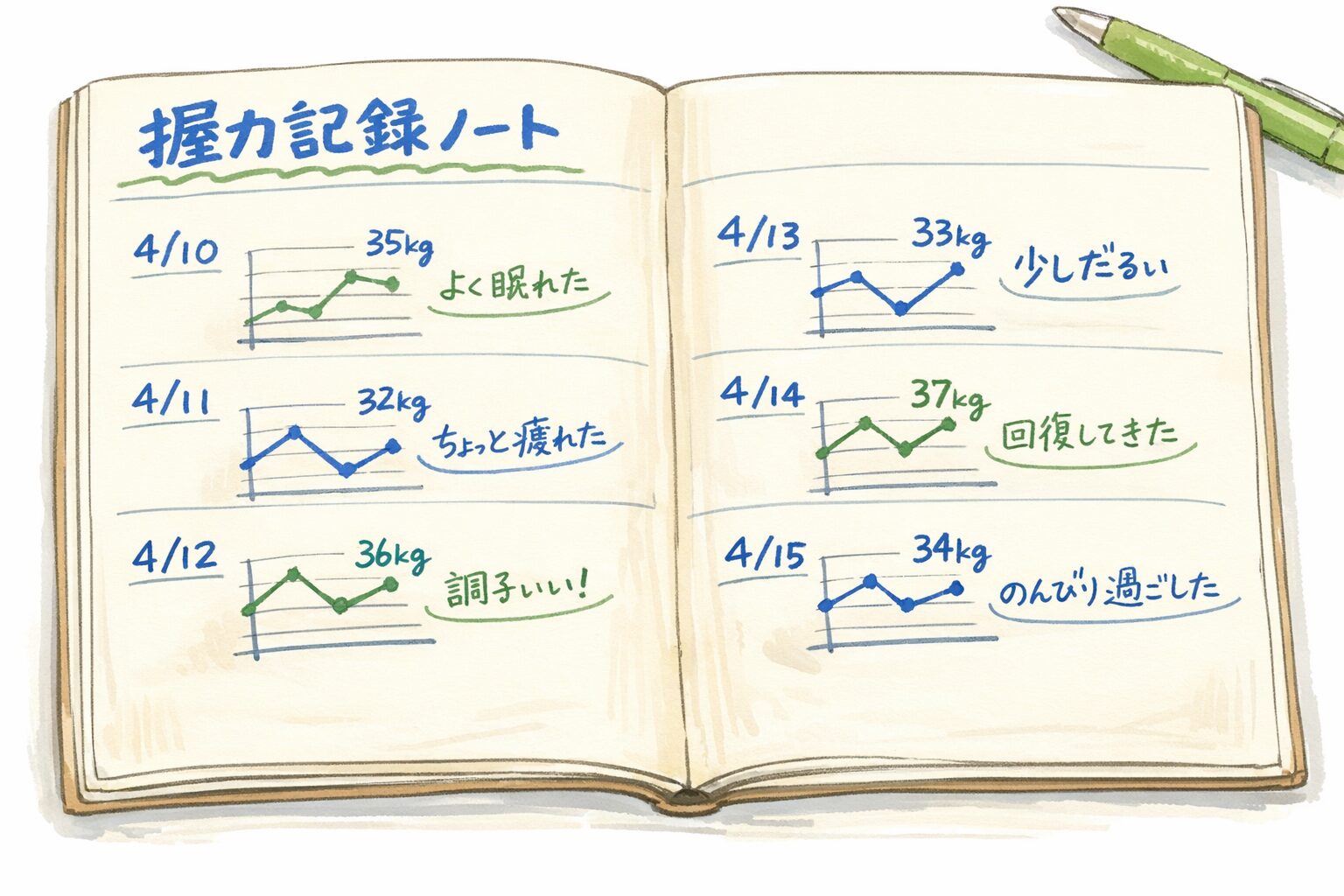数日分の握力の変化を折れ線グラフと手書きメモで記録したノートの見開きを描いた、握力の「戻り方」がわかる手書き風イラスト