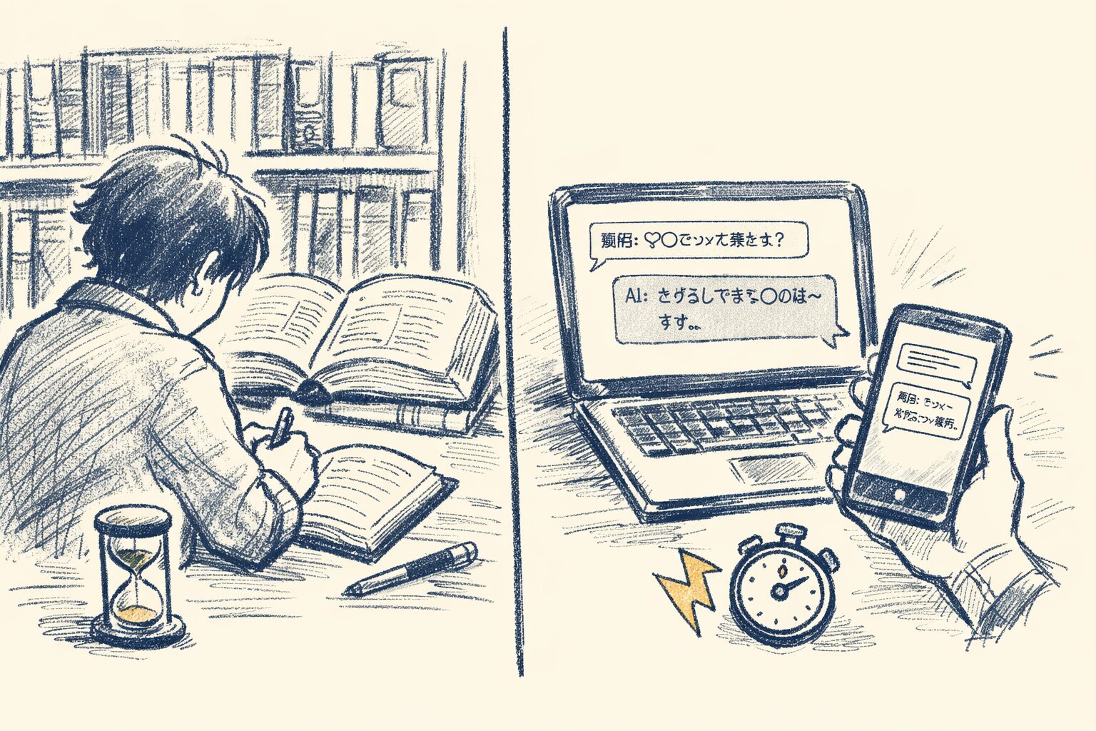 本や辞書やノートでじっくり調べものをする人と、AIチャットで素早く答えを得る人を左右に並べて描いた手書き風イラスト。外部記憶の「時間の摩擦」とAIの「高速な検索」の違いを表現している。