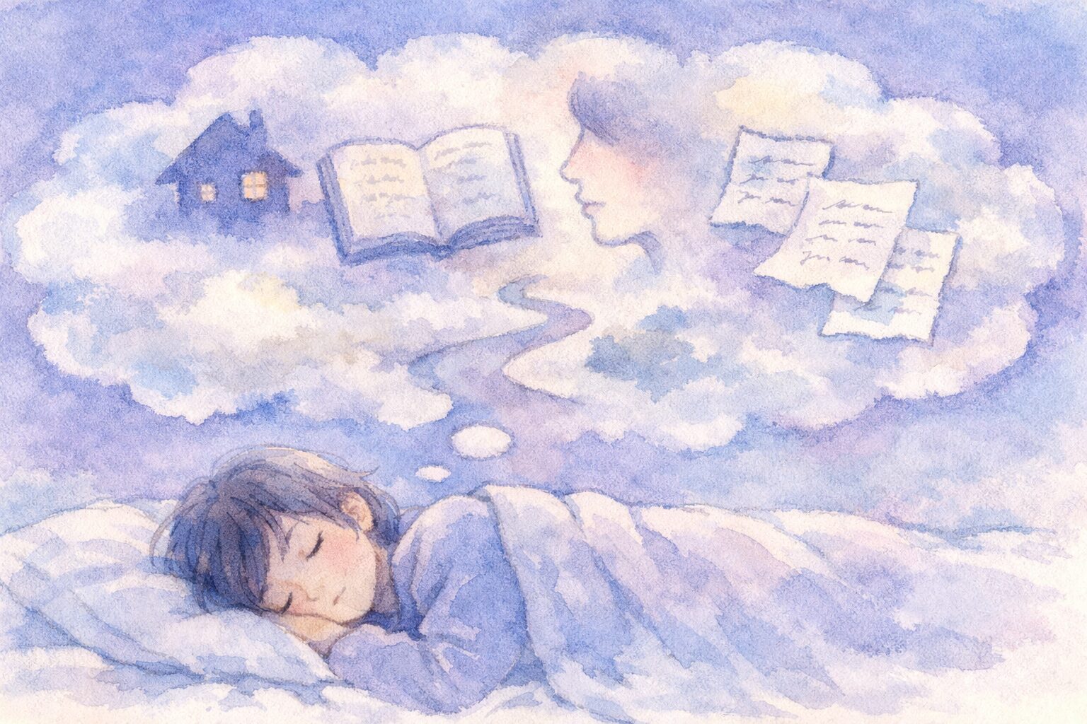 ベッドで眠る人物の上に、雲のような夢の吹き出しが浮かび、その中に家や本、人の横顔やメモの断片などがぼんやりと描かれている手書き風イラスト。無意識の記憶が結びついて夢やひらめきが生まれる様子を表現している。