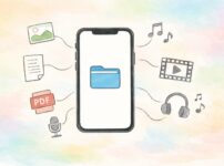 iPhoneの画面中央に「ファイル」アプリのアイコンがあり、そのまわりに写真や書類などのアイコンが穏やかにつながっている、安心感のある手書き風イラストのアイキャッチ画像。