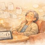 イヤホンで音声を聞きながらくつろぐシニアの人物のまわりで、PDFや書類の紙が柔らかな線画で浮かび上がり、音の波や吹き出しの形に変わっていく様子を描いた、手書き風の水彩イラスト。情報の山を読むのではなく、音声で楽に理解している世界観を表現している。