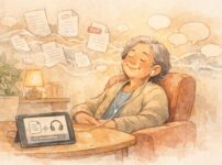 イヤホンで音声を聞きながらくつろぐシニアの人物のまわりで、PDFや書類の紙が柔らかな線画で浮かび上がり、音の波や吹き出しの形に変わっていく様子を描いた、手書き風の水彩イラスト。情報の山を読むのではなく、音声で楽に理解している世界観を表現している。