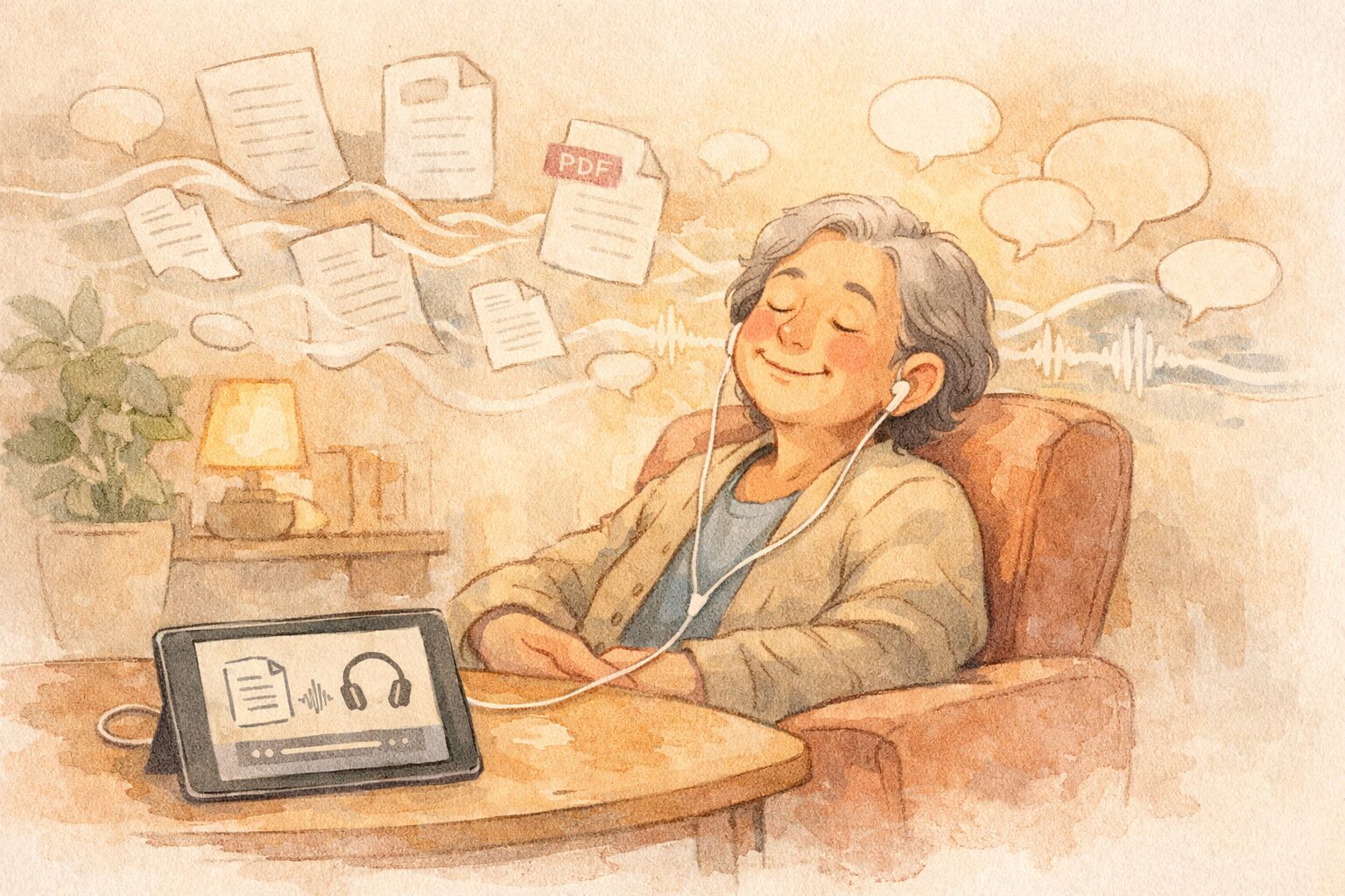 イヤホンで音声を聞きながらくつろぐシニアの人物のまわりで、PDFや書類の紙が柔らかな線画で浮かび上がり、音の波や吹き出しの形に変わっていく様子を描いた、手書き風の水彩イラスト。情報の山を読むのではなく、音声で楽に理解している世界観を表現している。