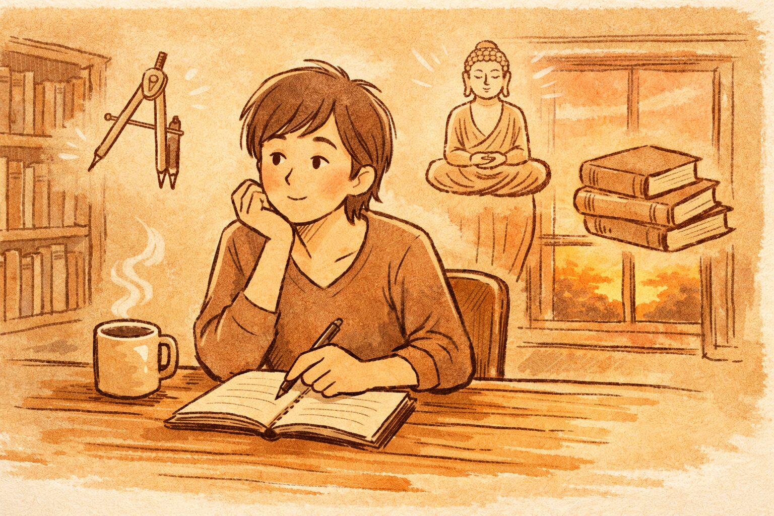 夕暮れの静かな部屋で、ひとりの人物がノートとマグカップの前に座って考え込んでおり、周囲にコンパスや仏像、本のシルエットが手書き風の線画で浮かんでいるイラスト。哲学や仏教を「考えるための道具」として表現している。