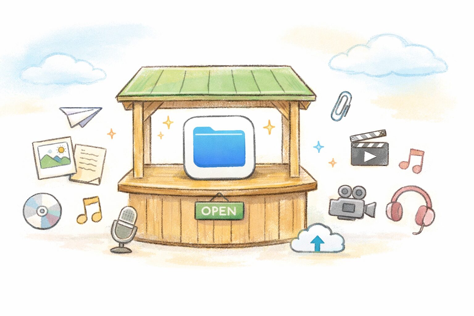 中央の案内所カウンターの上に「ファイル」アプリのアイコンがあり、そのまわりに写真や書類などのアイコンが集まっている手書き風イラスト。