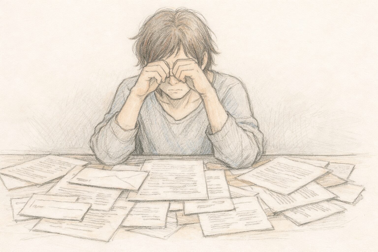 細かい文字の書類や請求書、役所のお知らせ、学校からのプリントが机いっぱいに広がり、目をこすりながら疲れた様子で座っている人物。情報の多さと読みにくさに圧倒されている「見えない疲れ」を表現した手書き風イラスト。