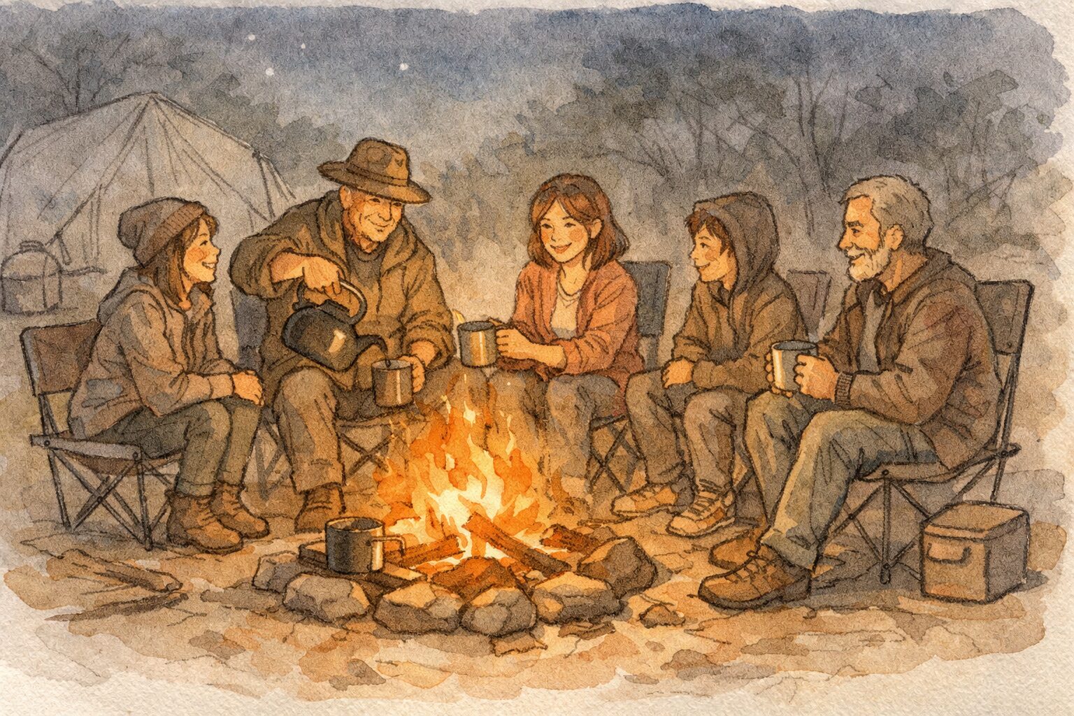 夜のキャンプ場で焚火を囲み、コーヒーを淹れながら笑顔で語り合うグループを描いた手書き風イラスト。