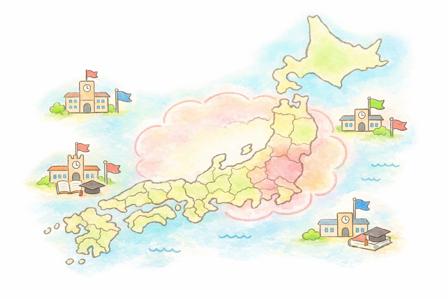 日本地図を簡略化し、関東地方が淡い色で囲われ、その外側に地方大学を示す小さな旗やアイコンが点在している、関東と地方の対比を表した手書き風イラスト