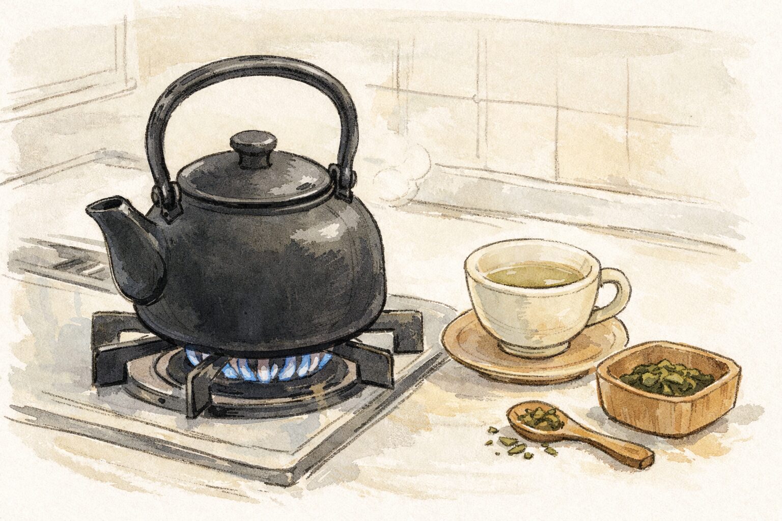 コンロの上で鉄瓶のお湯を静かに沸かしている様子を描いた手書き風イラスト