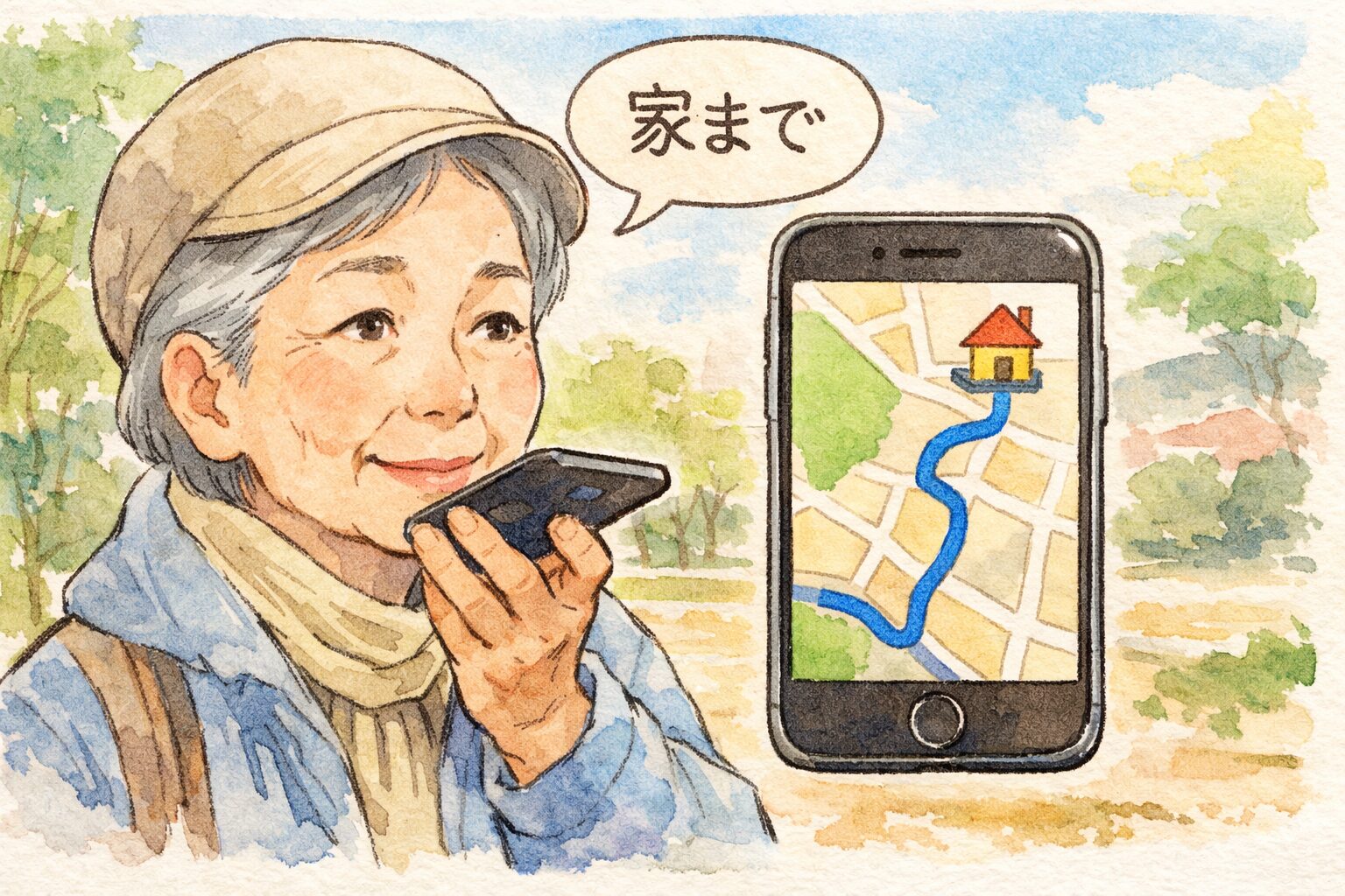 外出先でiPhoneに「家まで」と話しかけ、地図にルートが表示される様子を描いた手書き風イラスト